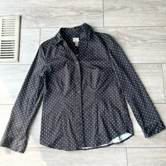 Chico’s Black Polka Dots Stretch Button Down Shirt - Picture 4 of 13